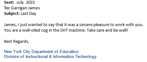 Recognition from a NYC DOE DIIT colleague. Recognition from a NYC DOE DIIT colleague-Image-Alternative-Text