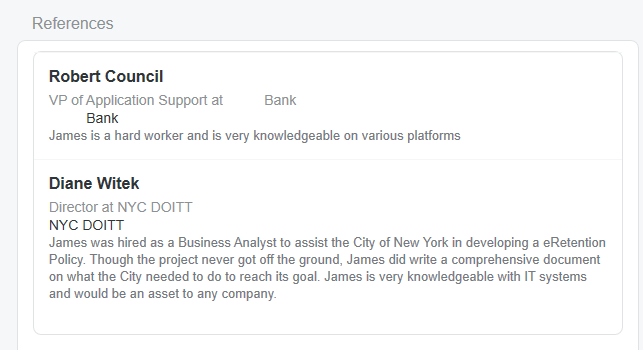 Recommendations from a VP of Application Support at Lloyds Bank and from a Director at NYC DoITT Recommendations from a VP of Application Support at Lloyds Bank and from a Director at NYC DoITT-Image-Alternative-Text