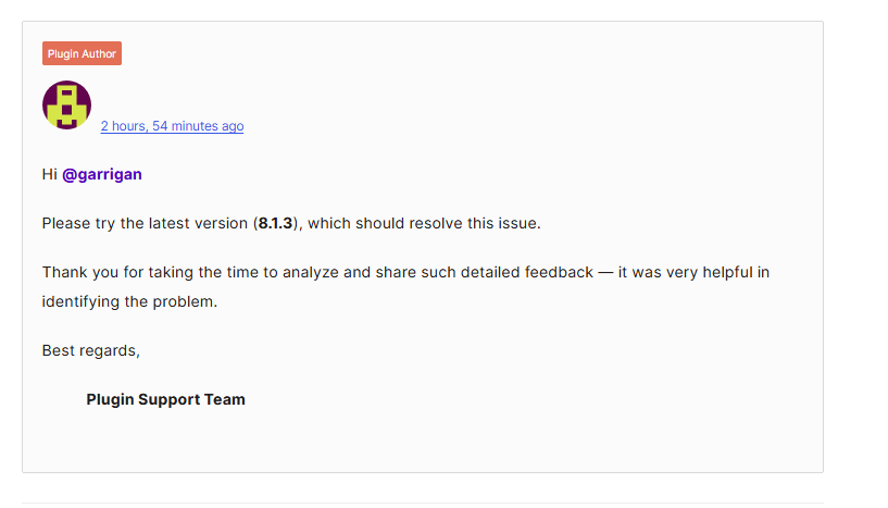Recognition from a WordPress Plugin Support Team 3 Image Alternative Text